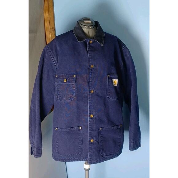 VINTAGE Carhartt Chore Indiglo Blue Jacket Men Blanket Lined Made USA Canvas 2XL - Picture 12 of 16